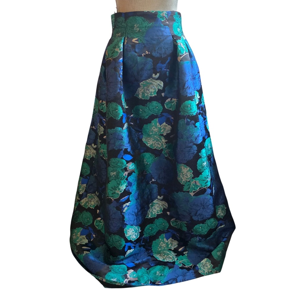 Eliza J Blue Teal Floral Brocade Metallic Maxi Skirt Pleated Formal Size 2